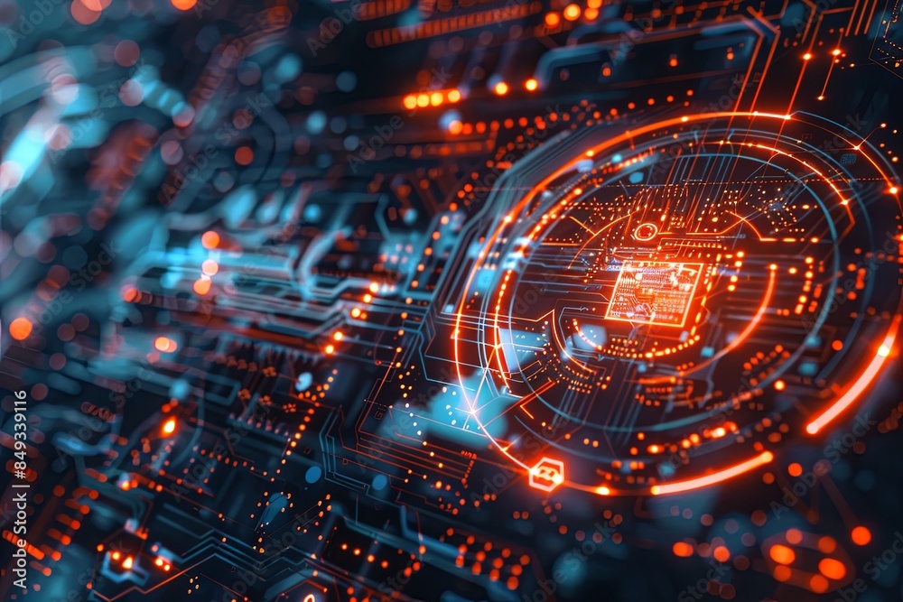 Leinwandbilder A digital rendering of a futuristic cybersecurity network, featuring abstract digital locks, shields, and network nodes, protected by AI algorithms. Generative AI