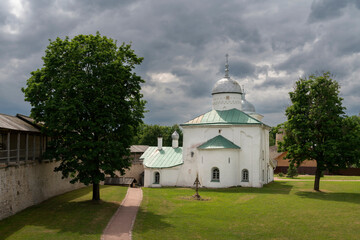 Fototapeta premium View of the St. Nicholas (Nikolsky) Cathedral on the territory of the Izborsk fortress (XIV-XVII centuries) on a sunny summer day, Stary Izborsk, Pskov region, Russia