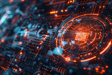 A digital rendering of a futuristic cybersecurity network, featuring abstract digital locks, shields, and network nodes, protected by AI algorithms. Generative AI