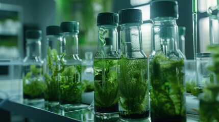 In the laboratory, scientists are conducting research on green algae biofuel, exploring its potential as an alternative natural experiment in the biotechnology industry