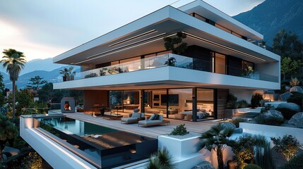 Fototapeta premium Modern house with pool nearby and mountains in the background. Generative AI.