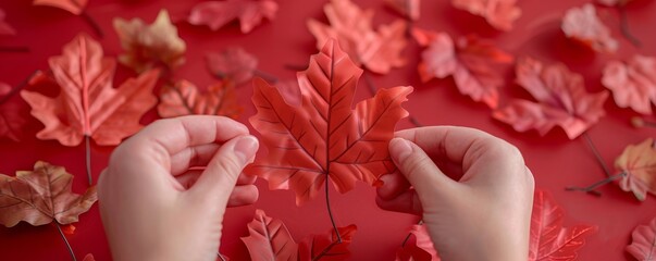 Making maple leaf crafts for National Maple Leaf Day, October 17th, maple leaves and creative designs, 4K hyperrealistic photo.