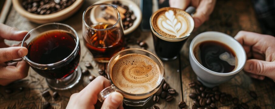 59. Friends hosting a coffee tasting for National Coffee Day, September 29th, sampling different blends and brews, 4K hyperrealistic photo. - Powered by Adobe