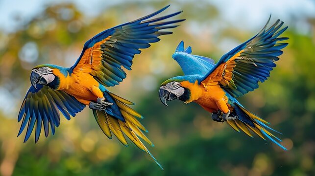 A pair of blue macaws soaring together