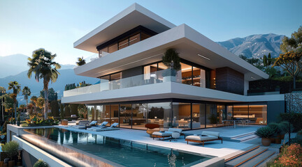 Fototapeta premium Modern house with pool nearby and mountains in the background. Generative AI.