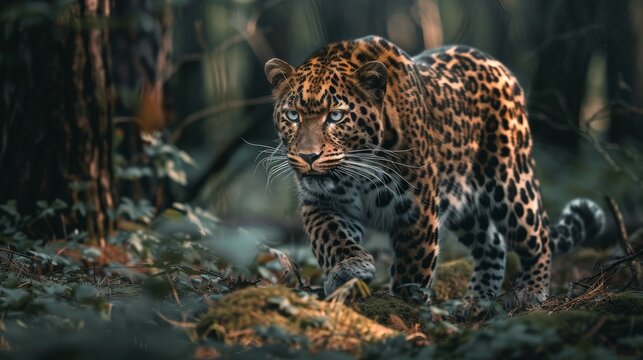 A leopard is walking through the forest