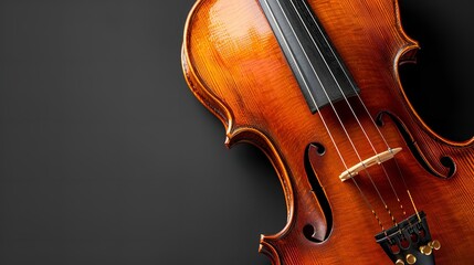 close-up of a violin in classical music. Violin strung instrument isolated on a dark background with copy space, Generative AI.