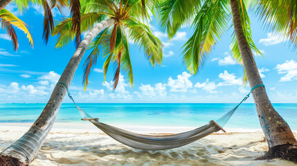 Fototapeta premium Tropical beach scene with a hammock strung between palm trees over white sand, under a bright blue sky, ideal for relaxation.