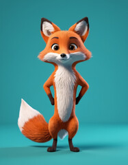 Obraz premium A 3D cartoon fox with a bushy tail and a curious look on a teal background.