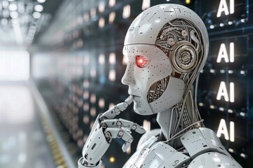 Fototapeta premium AI Robot in High Tech Corridor, Advanced Technology in Artificial Intelligence, High Tech Digital Innovations, Futuristic Design, Modern Tech Elements, Glowing Lights, Detailed Setup.