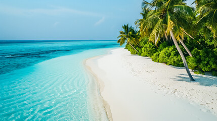 Pristine white sandy beach with clear turquoise water and lush green palm trees, an ideal tropical paradise for relaxation.