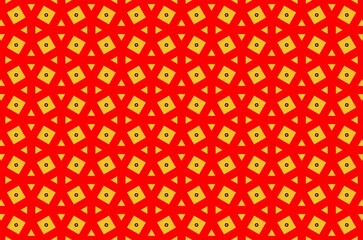 A red and yellow patterned background with yellow triangles and red squares
