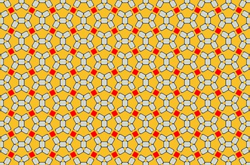 A yellow and red patterned background with a white and red flower in the center