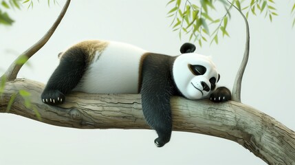 Obraz premium A cute panda sleeping on a thick tree branch, one paw under his head, the other hanging down. White clean background.