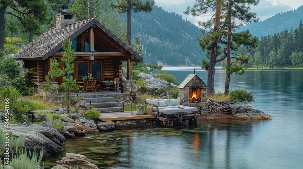 Poster a small cabin next to the water with an outdoor seating area and fireplace, surrounded by trees on o