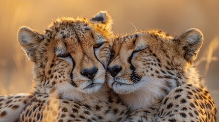  A pair of cheetahs sharing a bonding moment in the wild