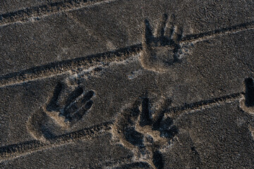 Handprints on sandy surface with tire tracks
