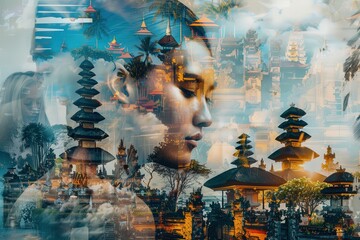 Bali city destination poster in the style of film photo montage depicting iconic landmarks and scenes from the city. Vacation and international travel 