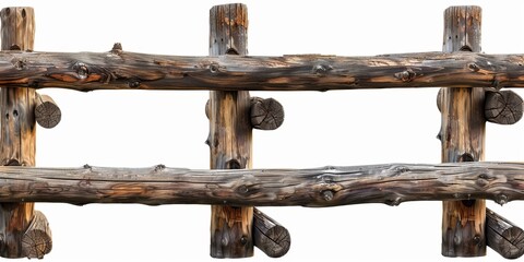 Section of a wooden railing made of round poles isolated on white