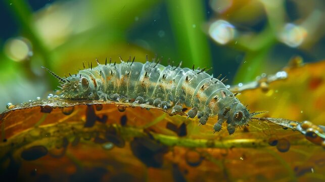 A small, green caterpillar-like creature with a fuzzy white patch on its back is on a leaf in a pond.