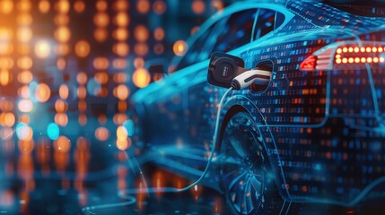 A futuristic EV car electric plug and battery charger are depicted against a blue abstract digital binary code background, symbolizing the concept of renewable and sustainable energy