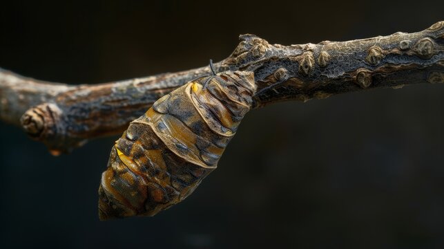 A small brown cocoon hangs from a twig.
