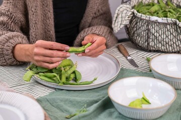 Frische Zuckerschoten zubereiten, Erbsen verarbeiten, Küche frisches Gemüse anrichten