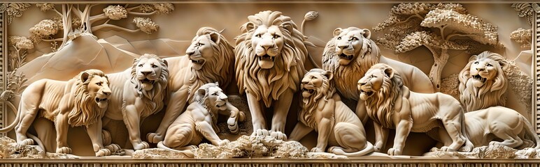 Beautiful lions 3d relief wallpaper. Mural wallpaper. Wall art. AI generated illustration.