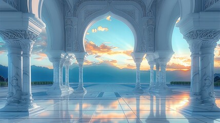 A white marble classical islamic arch entrance with morning sky in the background. Generative AI. - Powered by Adobe