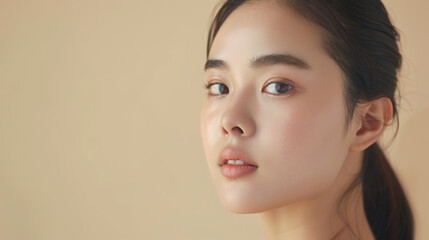 Fototapeta premium beautiful young asian woman with clean and fresh skin on beige background