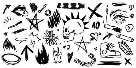 Grunge graffiti, tattoo hand drawn sticker, skull, heart, hand gesture, eyes. Rock n roll, metal or punk music doodle scribble vector illustration sticker set. Charcoal, chalk or black marker style. © KPstudio