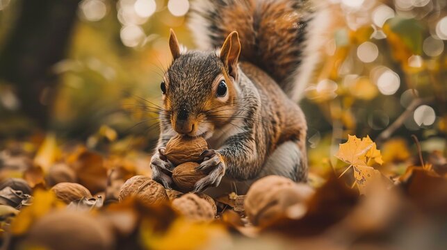 A squirrel eating nuts in the woods. The squirrel is surrounded by fallen leaves.