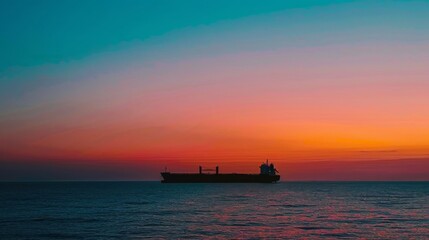Cargo ship silhouette against a sunset sky on the ocean
