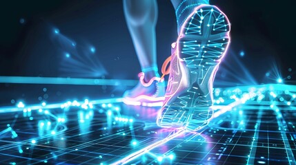 Abstract hologram, shoes and sports for fitness, run and speed for health tracking outdoor, Generative AI illustrations.
