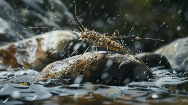 A stonefly crawling on the rock in the river.
