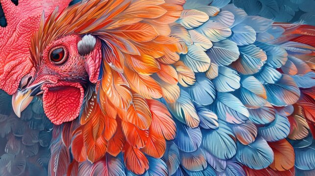 A watercolor painting of a rooster with vibrant red, orange, blue, and green feathers.
