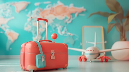 A cartoon flight airplane travel tourism plane trip planning world tour luggage with pin location suitcase and map, Generative AI illustrations.