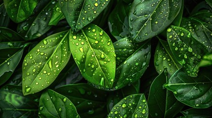 Fototapeta premium Tropical Green Foliage with Raindrops Nature Background