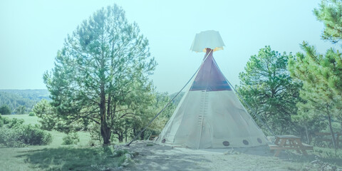 Tipi, Tee Pee, or Tepee in the pine tree forest meadow on a bright sunny day