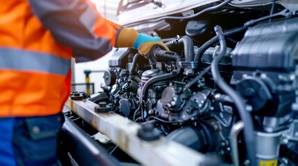 Fototapeta premium Auto mechanic fine-tuning a fuel-efficient engine at the workshop