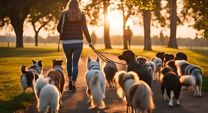 Woman dog walker walking many dogs.