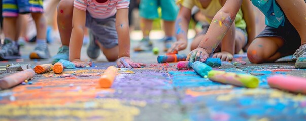 Kids playing with chalk for National Coloring Day, September 2nd, creating colorful masterpieces on the sidewalk, 4K hyperrealistic photo.