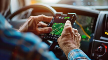 Trucker using GPS device for navigation on the road