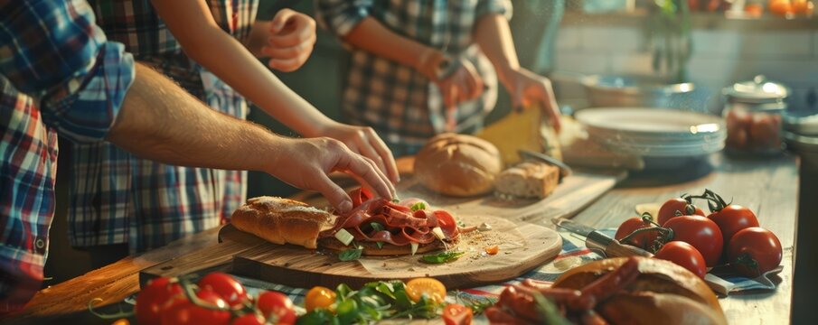 Family making sandwiches for National Sausage Pizza Day, October. 4K hyperrealistic photo.