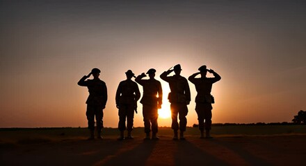 Army soldiers doing the salute at sunset.