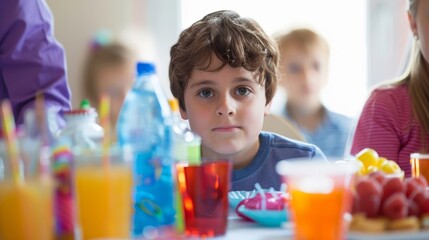 Child at a colorful birthday party enjoying food and fun with friends