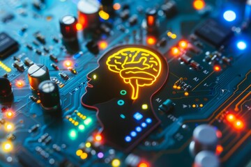 Obraz premium AI brain illustration on a circuit board, symbolizing the integration of artificial intelligence in advanced electronic systems with vibrant, colorful details