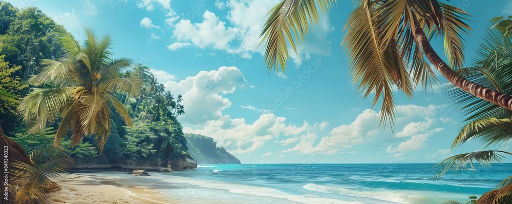 Wall mural tropical beach paradise portrait, with tropical beach backgrounds and vibrant colors, hyperrealistic