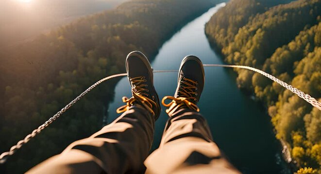 Adventurous person bungee jumping.