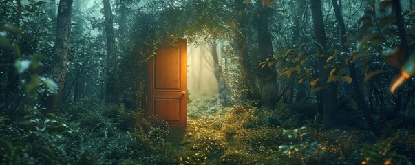 Enchanting forest grove with a hidden fairy door leading to another world, 4K hyperrealistic photo